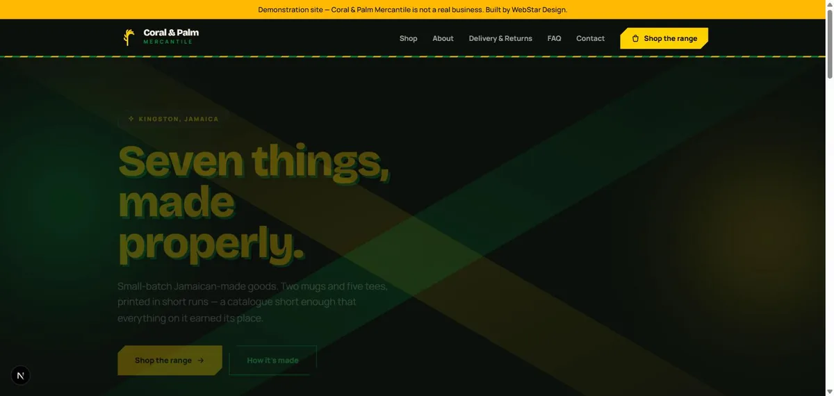 The Coral & Palm Mercantile homepage: a black hero with diagonal green-and-gold geometry, headline reading Seven things, made properly.
