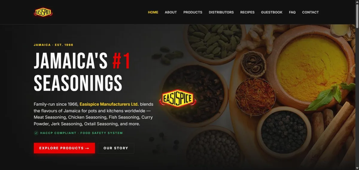 The Easispice homepage: a dark hero over a photograph of Jamaican spices in clay bowls, headline reading Jamaica's #1 Seasonings.