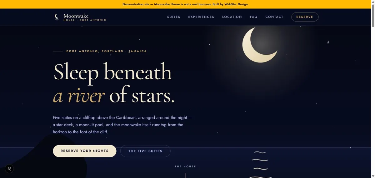 The Moonwake House homepage: a deep navy night sky with a crescent moon, headline reading Sleep beneath a river of stars.