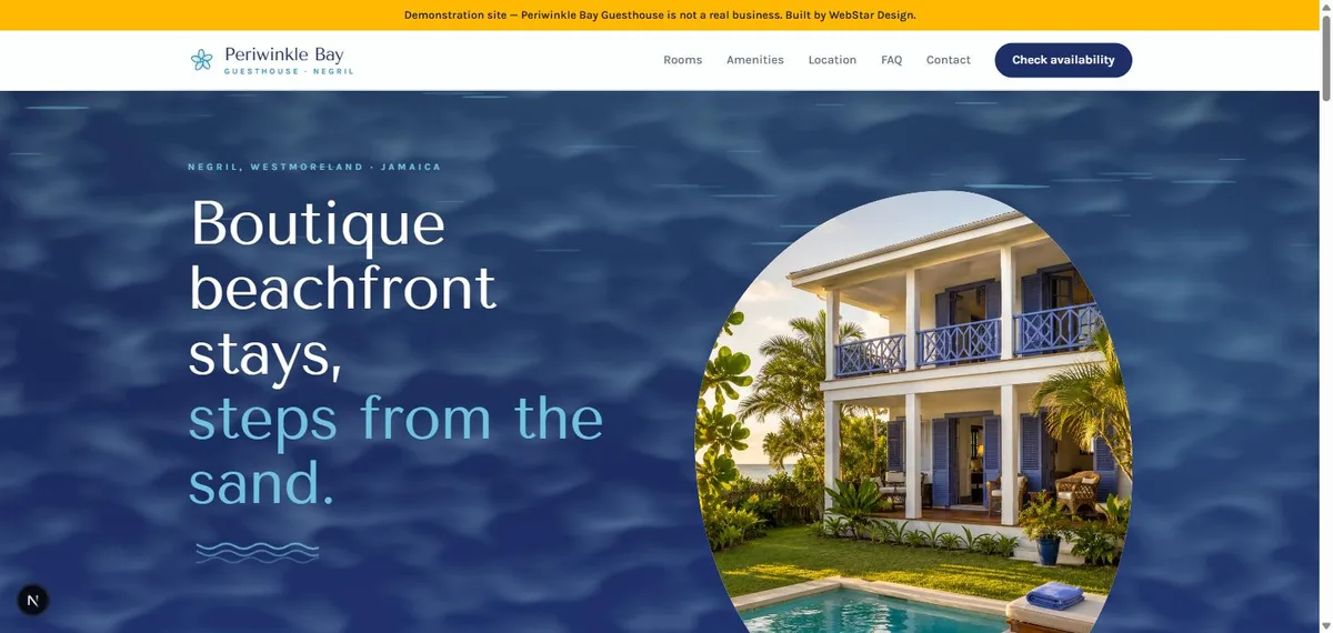 The Periwinkle Bay Guesthouse homepage: a cool blue hero over a rippling-water background, an arched photo of a beachfront villa, headline reading Boutique beachfront stays, steps from the sand.