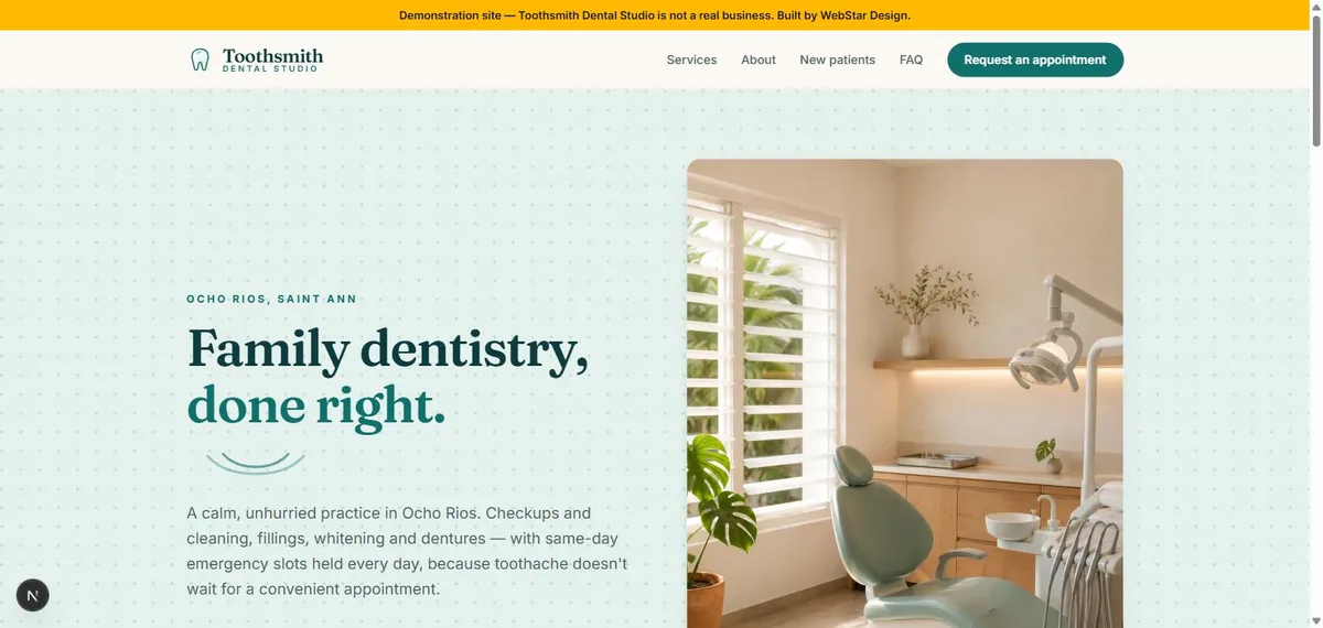 The Toothsmith Dental Studio homepage: a soft mint-green hero beside a photograph of a treatment room, headline reading Family dentistry, done right.